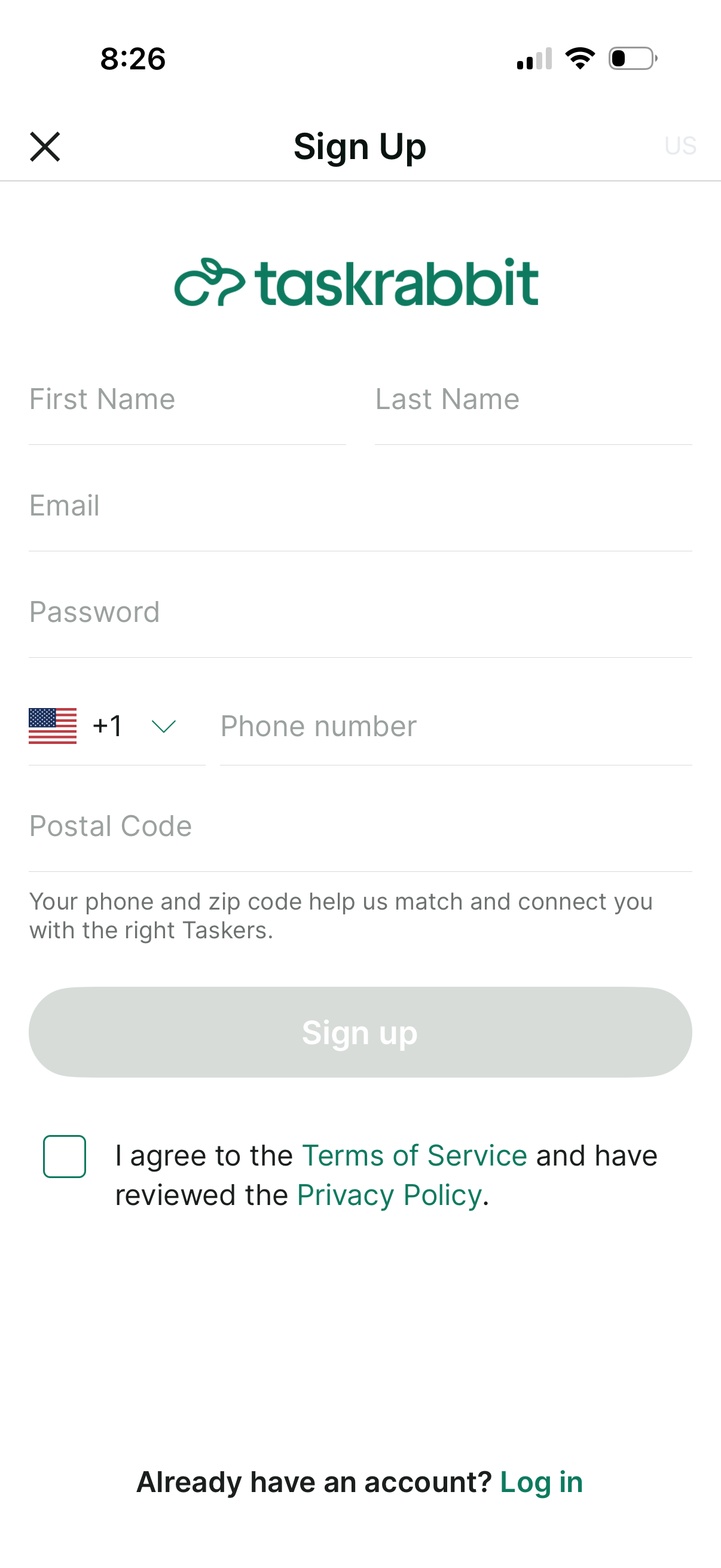 taskrabbit signup screenshot